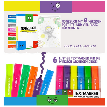 lustige-bürobox-notizbuch-textmarker